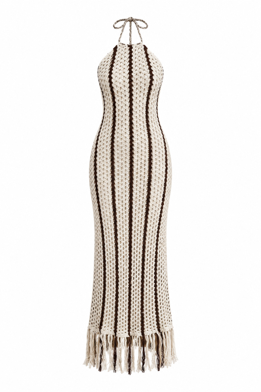 Lulus - Hedia Beige Striped Crochet Halter Fringe Midi Dress - XS (NWT)